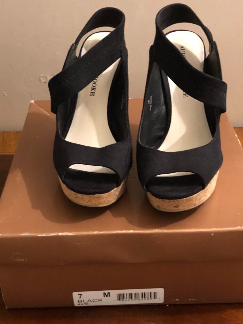 Audrey Brooke Kate Black Cork Wedge Sandals Peep Toe 7M